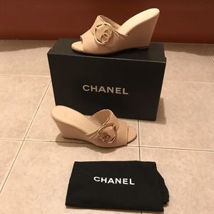 Chanel Gold Heart Canvas Summer Wedge + Box 36.5